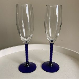 Set of Two Blue Stemmed Champagne Flutes